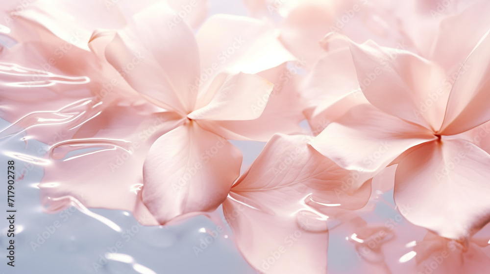 Pink flowers floating on water. Tender feminine background with copy space. Ai generative photography