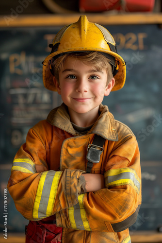 Smiling kid wearing firefighter outfit. Little boy wearing a firefighter costume. Boy dressed as a firefighter with a black suit and helmet. Firefighter kid. Schoolboy firefighter.
