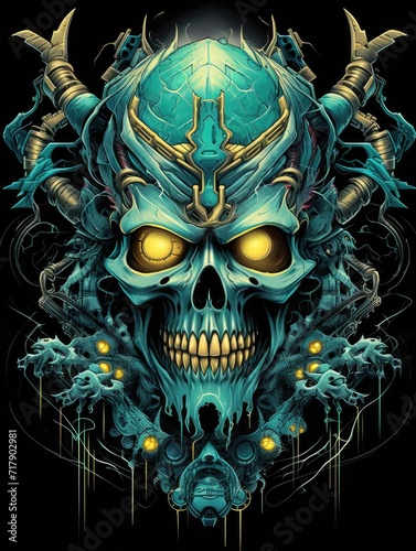 Mecha samurai Necro, Demon, skull, evil, hell, anime girl, illustration. Print for T-shirts and poster	