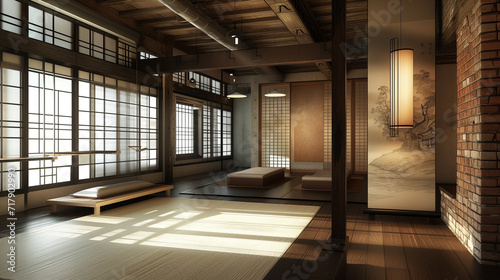 Japanese Interior Industrial Fusion: Exposed brick walls meet smooth tatami mats in this unexpected blend of styles