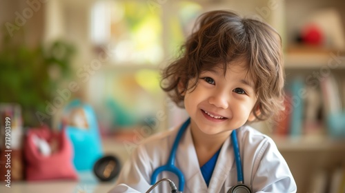 Asian Kid's Dream Career with Toy Medical Equipment: Include small toy medical tools and equipment, such as a stethoscope, toy syringe, and a miniature doctor's bag photo