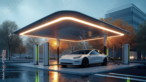 Foto Large car charging station and charged under the canopy, Electric Vehicle Charging Station