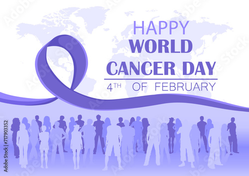 World Cancer Day banner. Lavender ribbon and world map, people silhouettes, text 