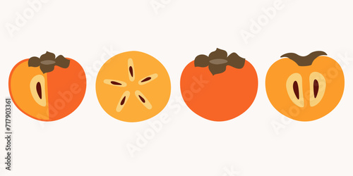 Persimmon flat design vector illustration. Composition of a whole persimmon and its parts in a simple style.