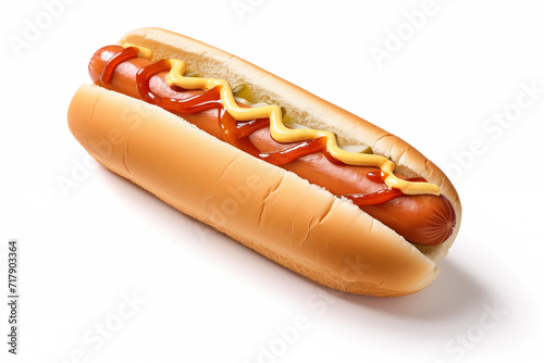 Hot dog with ketchup and mustard on a white background photo