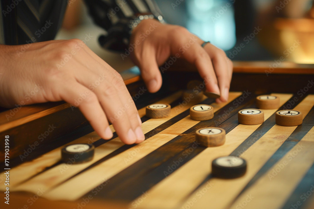 close-up of hands making a strategic move on a minimalist backgammon board, capturing the focus and concentration required for the game in a minimalistic style close-up of hands making a strategic move on a minimalist backgammon board, capturing the focus and concentration required for the game in a minimalistic style