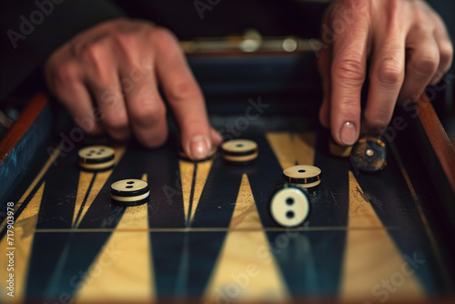 close-up of hands making a strategic move on a minimalist backgammon board, capturing the focus and concentration required for the game in a minimalistic style