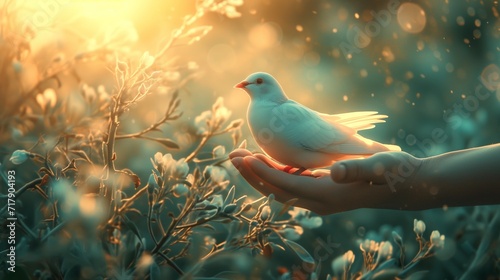International Day of Peace or World Peace Day Concept white pigeon and hand in nature background. photo