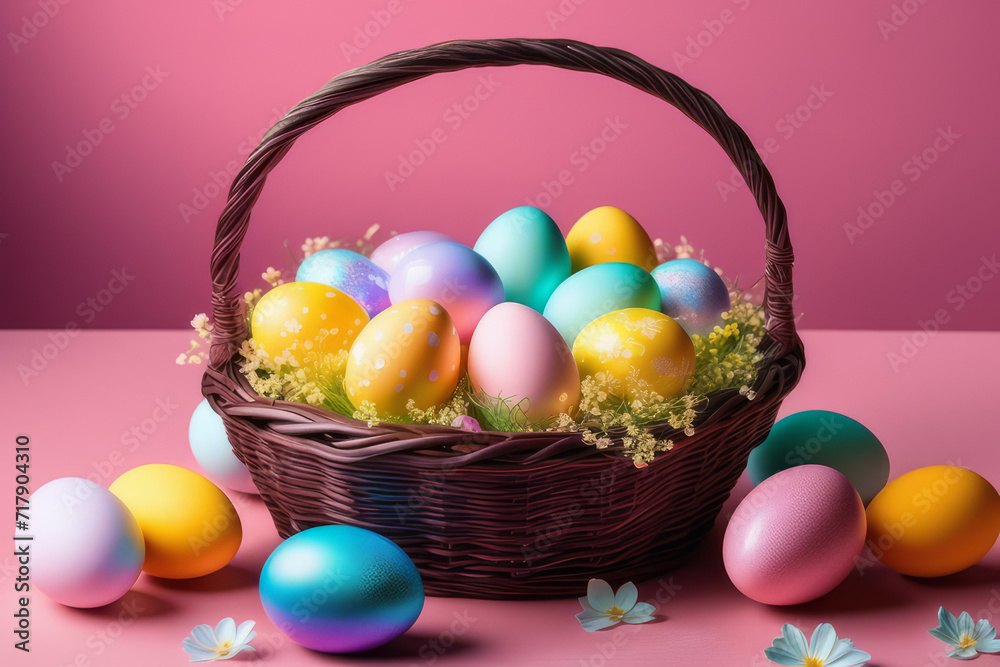 Basket with colorful Easter eggs and blooming flowers on the table on pink background. Basket with colorful Easter eggs and blooming flowers on the table on pink background.
