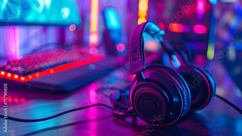 Gaming headphones on the background of a computer game.  Neon lights photo