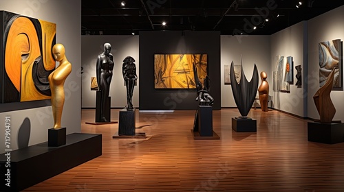 Avant-garde sculptures and paintings inhabit this contemporary art gallery. Cutting-edge artworks, abstract creations, eclectic sculptures, modern paintings. Generated by AI.