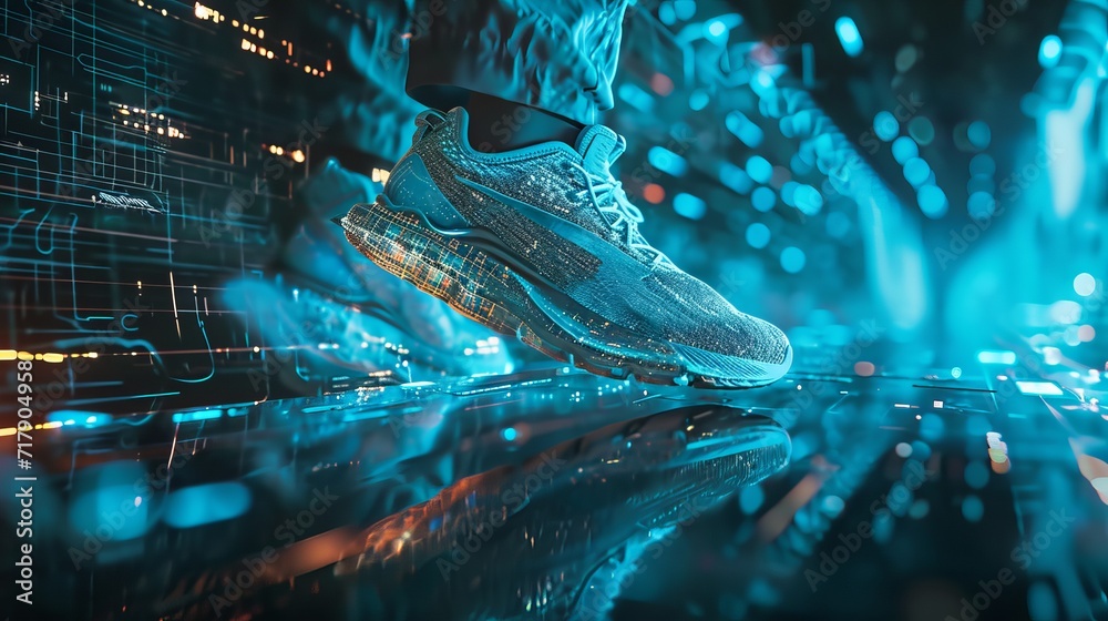 Futuristic Glowing Sneaker in a Dynamic Motion Amidst Digital Data Streams and Neon Lights Futuristic Glowing Sneaker in a Dynamic Motion Amidst Digital Data Streams and Neon Lights
