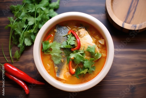 fish curry with tomatoes and cilantro in a ceramic bowl