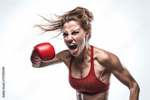 Emotional female boxer strikes with power against a crisp white backdrop. Intense determination.