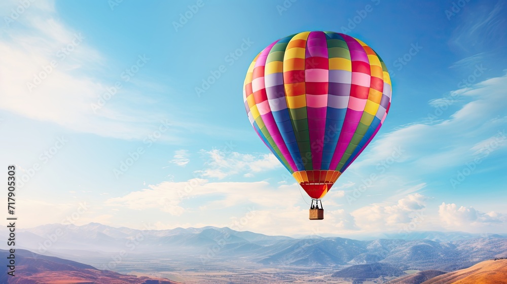Colorful, hot air balloon, drifting, azure sky, graceful, tranquil, airborne, picturesque, serene. Generated by AI.
