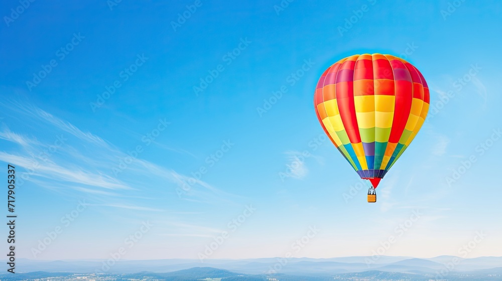 Fototapeta premium The vibrant hues of a hot air balloon. Vibrant, hot air balloon, hues, clear cobalt blue sky, picturesque, aerial view, serene, floating. Generated by AI.