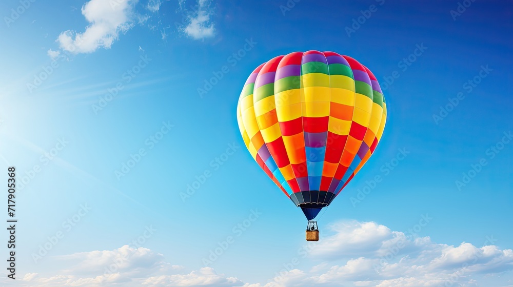 Fototapeta premium Colorful, hot air balloon, sailing, crystal-clear cobalt sky, stunning, aerial view, tranquil. Generated by AI.