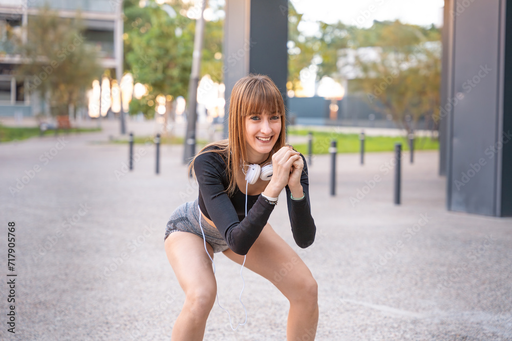 Active and fit female athlete doing squats exercise looking at camera outdoors. Active and fit female athlete doing squats exercise looking at camera outdoors.