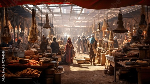 Bustling, vendors, aromatic, spices, marketplace, vibrant, colorful, fragrant, variety, culinary delights. Generated by AI.