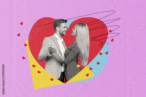 Horizontal composite photo collage of lovely sweet couple dance hold hands look into eyes celebration anniversary on creative background photo