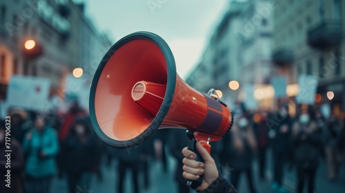 Protest Powe A powerful image of a megaphone at a protest, symbolizing the amplified voices and collective strength of those advocating for change and social justice.