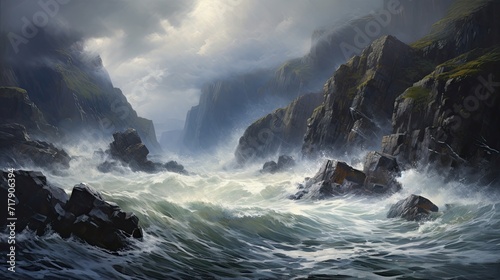 Tumultuous sea, crashing waves, rugged cliffs, churning, mesmerizing drama, untamed energy, stormy waters. Generated by AI.