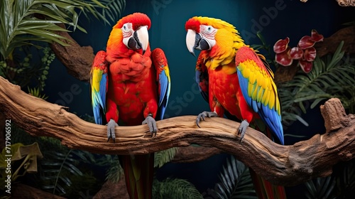 Lively parrots adorned in vibrant colors resting on a tree branch. Exotic plumage, tropical avian pair, colorful perch, nature's beauty. Generated by AI.