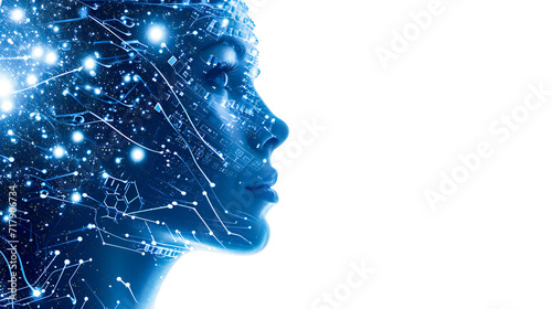 A human head over intricate circuitry. Artificial intelligence and human-computer integration concept. photo