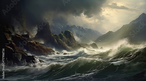 Stormy waves, craggy cliffs, fiercely collide, dramatic scene, raw power, majestic chaos, sea. Generated by AI.