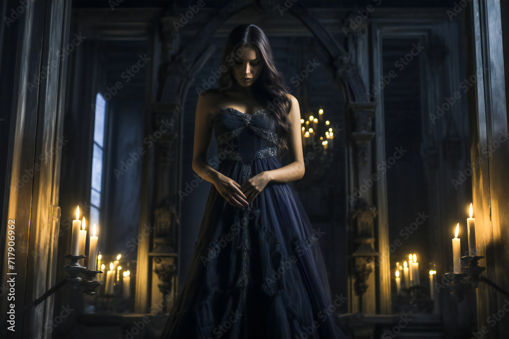 A beautiful young lady dressed in black, in a dark castle room with candles, gothic atmosphere