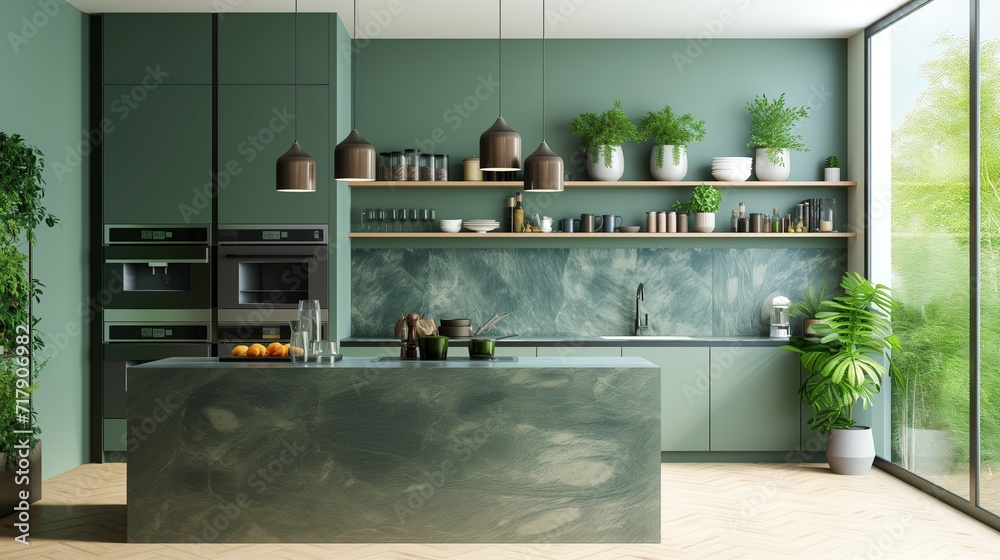 Green Modern kitchen with soft green walls, and a sleek green marble ...