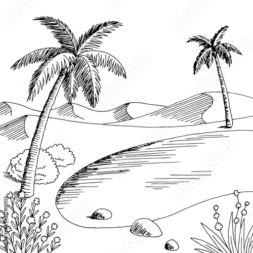 Oasis desert graphic black white landscape illustration vector 