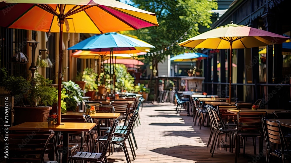 Tranquil sunlit café with picturesque outdoor seating and colorful umbrellas. Quaint environment, al fresco tranquility, vibrant parasols. Generated by AI.