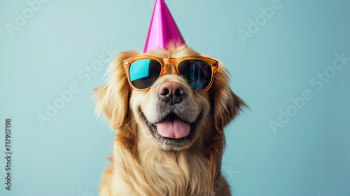 Golden retriever smiling wearing sunglasses and party hat, on blue background  © Phichet1991