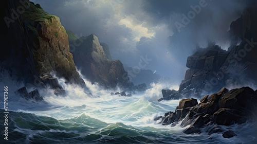 Tumultuous, stormy waves, rugged cliffs, crashing, fierce power, drama, tempestuous sea. Generated by AI.