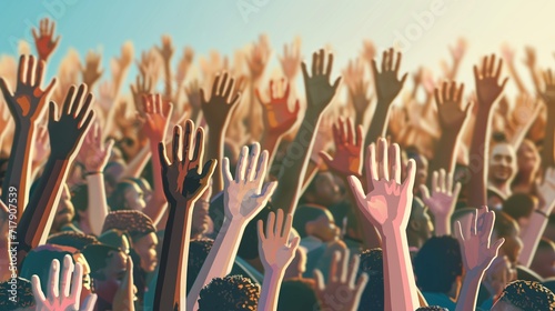 Raised Hands in Unity: Illustrate  a sea of protestors raising their hands in unity. Capture the diversity of the crowd, photo