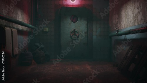 CGI render of heavy metal door opening in scary abandoned bunker corridor. Dark atmosphere. Volumetric light. Abandoned lab. Haunted place. photo