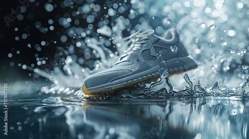 Rain Drops Splashing Around Casual Sneakers on Wet Ground with Bokeh Lights