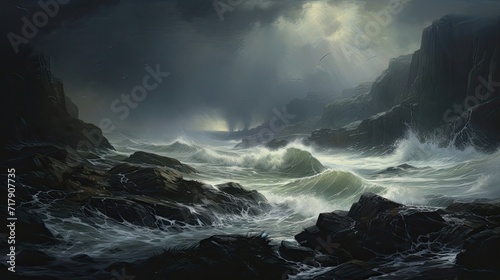 Stormy waves, crash, rugged cliffs, relentless, dramatic intensity, untamed power, tempestuous sea. Generated by AI.