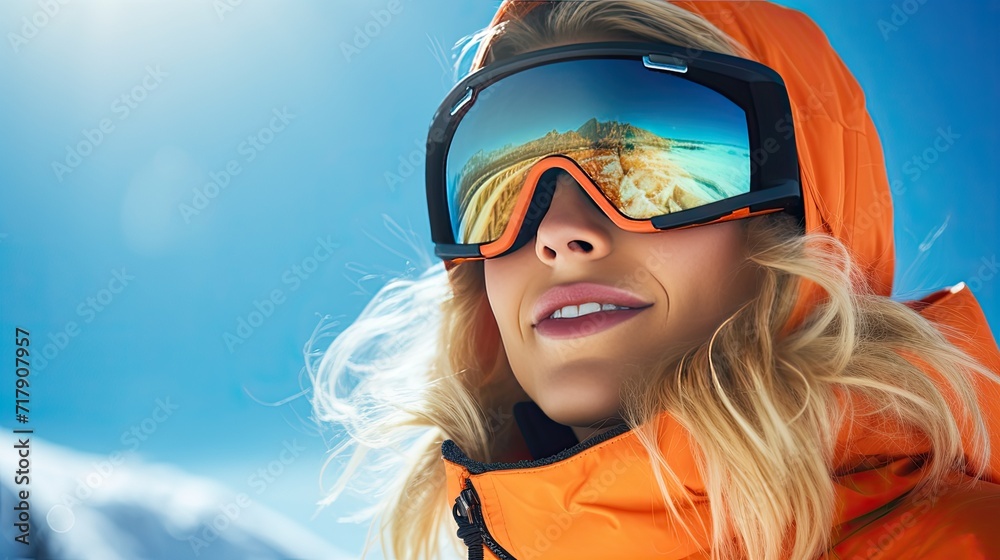 girl in goggles on background of snowy mountains at the ski resort adventures girl in goggles on background of snowy mountains at the ski resort adventures