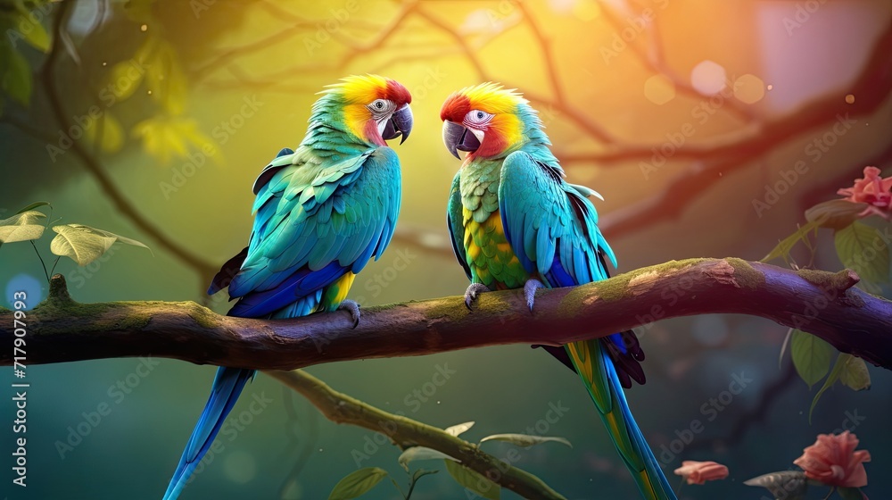 Obraz premium Colorful parrots sitting elegantly on a tree branch. Brilliant feathers, tropical avian companions, vibrant perching. Generated by AI.