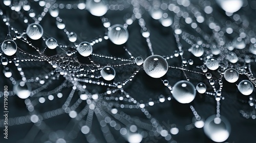 Macro photograph, dew-glistened, spiderweb, delicate threads, shimmering droplets, morning dew. Generated by AI.