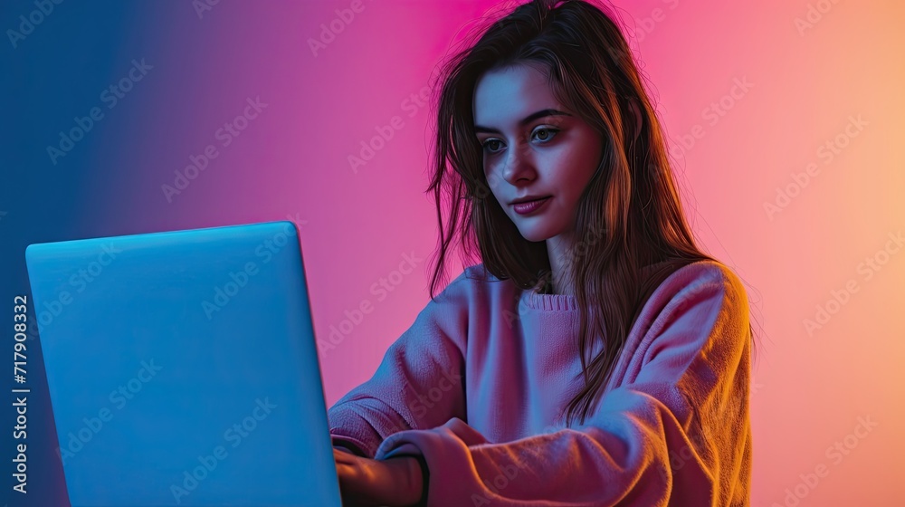 Portrait of a beautiful young woman in a pink hoodie using a laptop on a purple background Portrait of a beautiful young woman in a pink hoodie using a laptop on a purple background