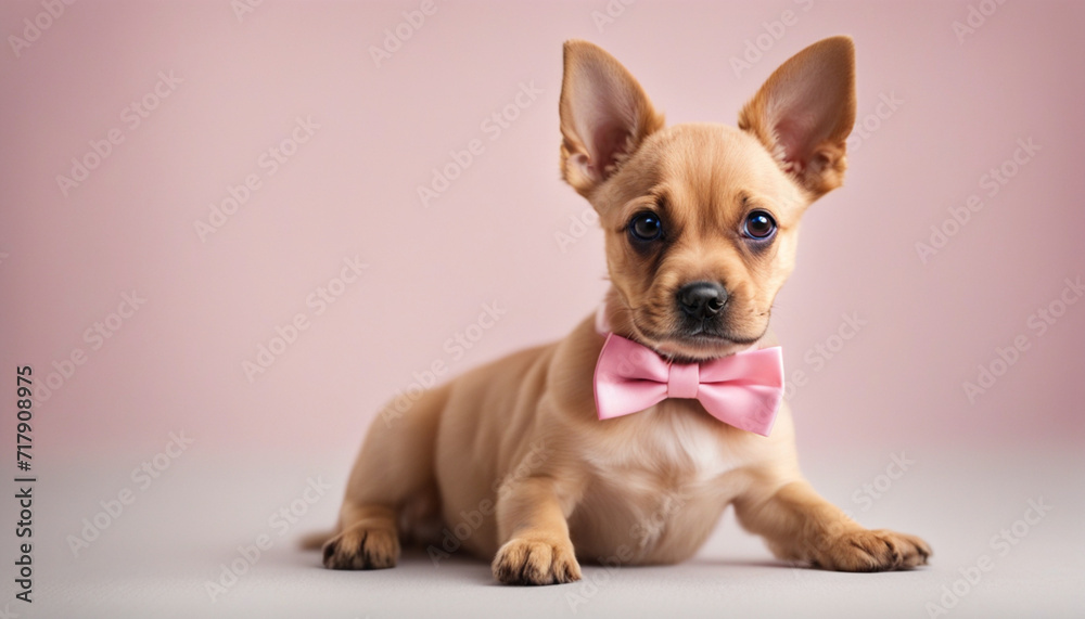 Cute back puppy dog on pink background