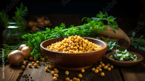Chickpeas in a bowl with ingredients for cooking