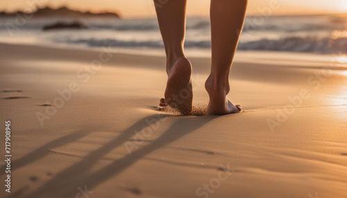 Close up of woman feet walking on sand beach 