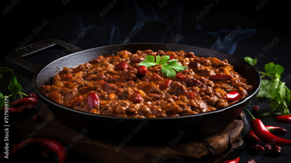 Chili con carne in iron pan on black background.