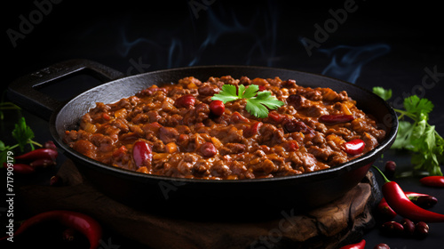 Chili con carne in iron pan on black background.