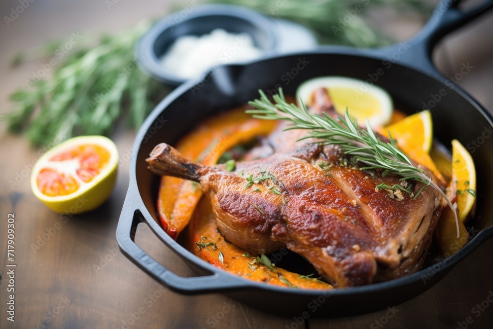 duck a lorange in a cast iron skillet with sauce