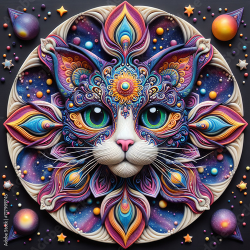 Cat cute face rainbow colors mandala design